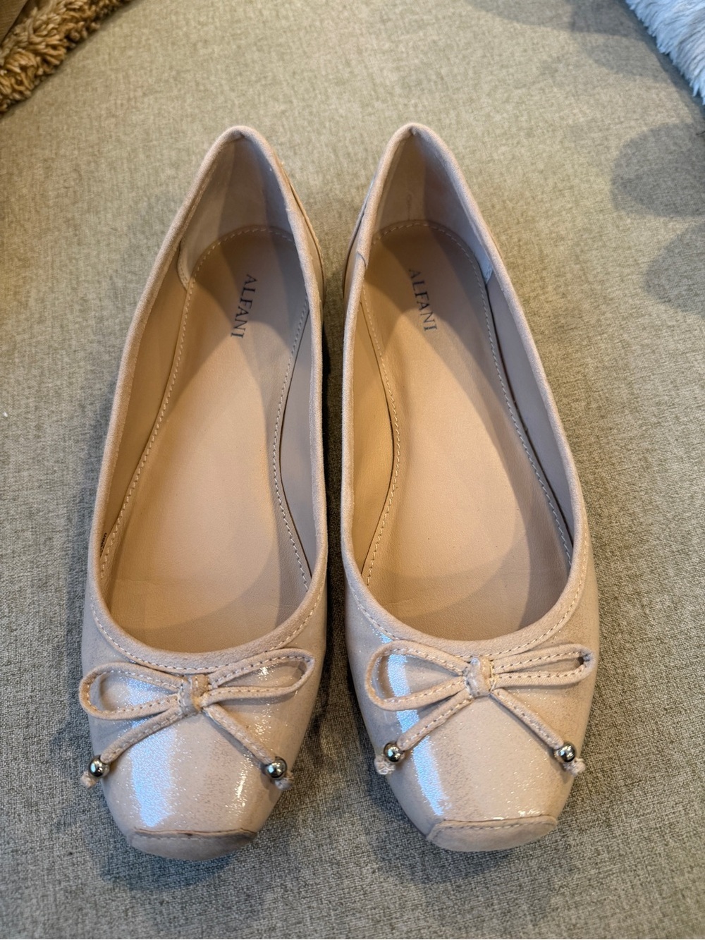 Alfani Nude Patent Ballet Flats with Bow and Bead Details